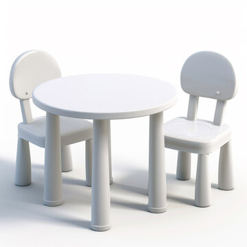 White plastic set for children to sit and play in the kindergarten or to place in the children's room. White children table with two plastic chairs isolated on white background. 3d 