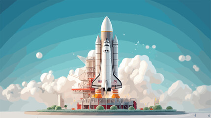 Rocket launch pad 3D illustration 2d flat cartoon v - obrazy, fototapety, plakaty