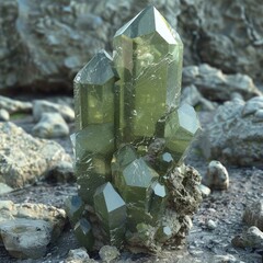 Captivating Epidote Crystalline Formation with Intricate Geometric Textures and Translucent Hues