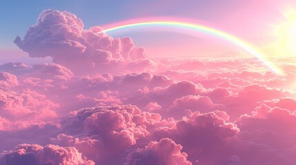   A rainbow in the sky with clouds - three distinct arcs of color forming a semi-circle against a backdrop of fluffy white clouds - obrazy, fototapety, plakaty