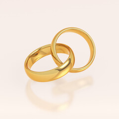 Two golden wedding rings in a heart shape on pink background. Love and marriage concept. 3D illustration.