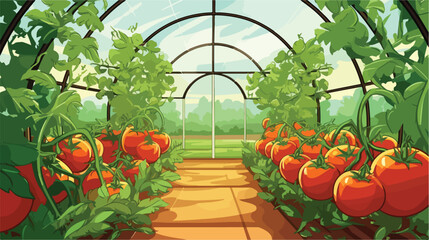Fototapeta na wymiar Round greenhouse from inside with tomatoes growing
