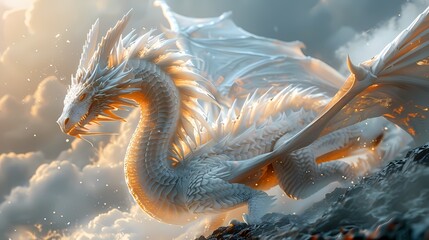A majestic dragon soaring through a cloudy sky, its scales glistening in the sunlight as it twists...