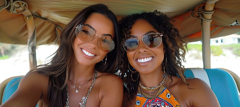 Two happy friends smiling on holidays in a golf cart. Summertime Relax - Powered by Adobe