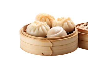 Various types of dim sum, har gow, dumplings, steamed buns in wooden baskets. isolated on a transparent background.