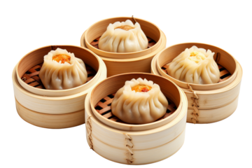 Various types of dim sum, har gow, dumplings, steamed buns in wooden baskets. isolated on a transparent background.