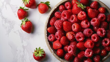   A white counter holds a bowl brimming with raspberries; beside it, another similar bowl is filled