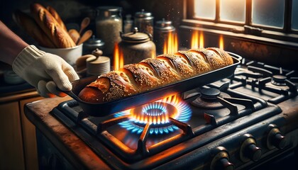 Bread baking on a vintage gas stove