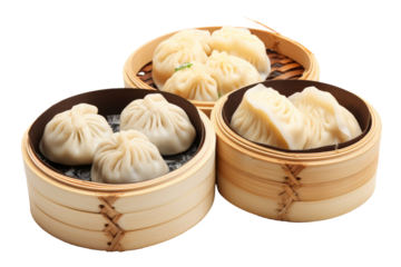 Various types of dim sum, har gow, dumplings, steamed buns in wooden baskets. isolated on a transparent background.
