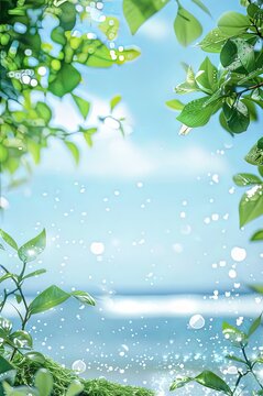 Sea Background with Green Shore Plants, Light Blue Sky and White Clouds, Fresh Water Drops on Ground, Product Display Stand, C4D Rendering, High Resolution, Bright Colors