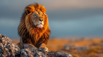 A majestic lion with electric blue eyes standing proudly on a rocky outcrop, its mane flowing in...