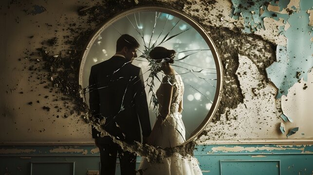 Couple's Fractured Reflection Symbolizing Emotional Turmoil and Identity Crisis After Divorce in Surrealist Rendering - Powered by Adobe