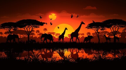 Fototapeta na wymiar A group of giraffes stands next to one another, silhouetted against a sunset Birds fly overhead, above a tranquil body of water