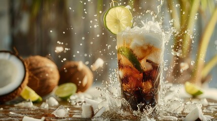 Dirty soda - diet coke, soda and cream, alcohol free mocktail. Iced sweet soda drink with non-dairy creamer, trendy cold summer cocktail. Generative ai - obrazy, fototapety, plakaty