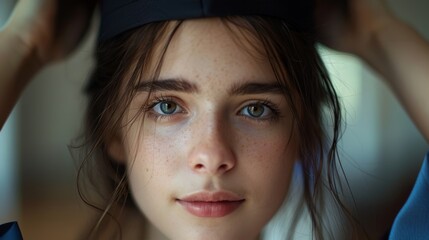 Fototapeta premium Beautiful young woman, graduate student putting on an authentic graduate hat. Happy student graduated from university college study. Generative ai