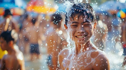 Maha Songkran, World Water Festival, Celebrate Thai New Year, Songkran day Thailand concept. Happy people splashing water. Generative ai