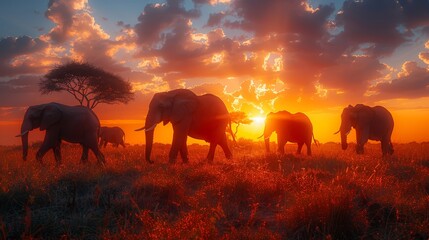   A herd of elephants atop a grass-covered field, beneath a cloudy sky, as the sun sets