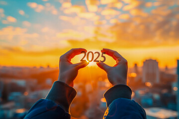 A person is holding up their hands to form the number 2025 - obrazy, fototapety, plakaty