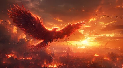 A mechanical phoenix rising from the ashes of a devastated landscape, its wings spread wide as it takes flight into the crimson sky - obrazy, fototapety, plakaty