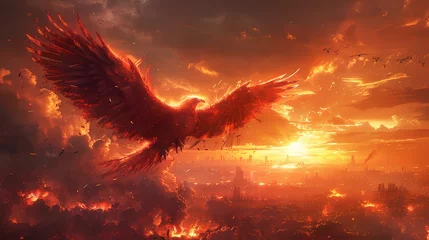 Muurstickers A mechanical phoenix rising from the ashes of a devastated landscape, its wings spread wide as it takes flight into the crimson sky ©  ALLAH LOVE