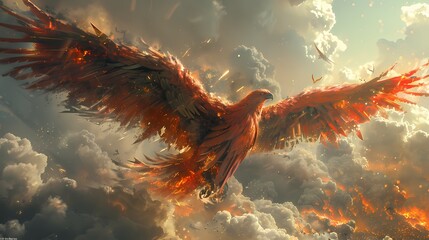 A mechanical phoenix rising from the ashes of a devastated landscape, its wings spread wide as it...
