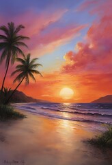 Fototapeta na wymiar Sunset Serenade: Palm Trees Dancing on a Beautiful Beach in a Romantic Atmosphere