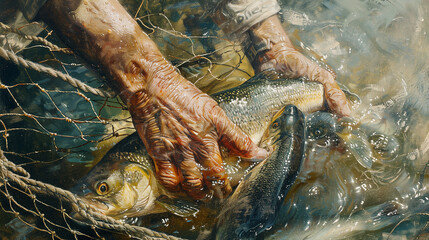 Close-up of a seasoned fisherman's hands as he hauls in a net full of fish from the water, showcasing the essence of the fishing trade