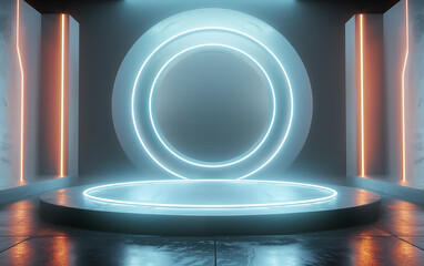 Futuristic gaming sci-fi tech stage platform podium with circle neon light for product display.