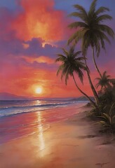 Sunset Serenade: Palm Trees Dancing on a Beautiful Beach in a Romantic Atmosphere






