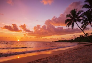 Fototapeta na wymiar Sunset Serenade: Palm Trees Dancing on a Beautiful Beach in a Romantic Atmosphere