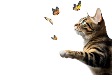 Tri-colored cat chasing a butterfly . isolated on a transparent background.