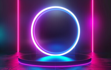 Futuristic gaming sci-fi tech stage platform podium with circle neon light for product display.