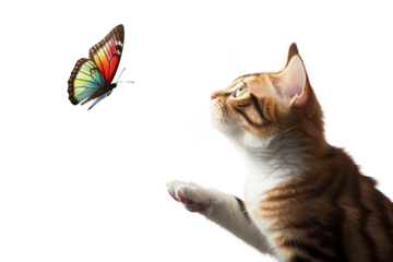 Tri-colored cat chasing a butterfly . isolated on a transparent background.