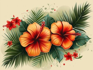 Vibrant Tropical Floral Arrangement with Hibiscus and Palm Leaves