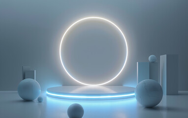 Futuristic gaming sci-fi tech stage platform podium with circle neon light for product display.