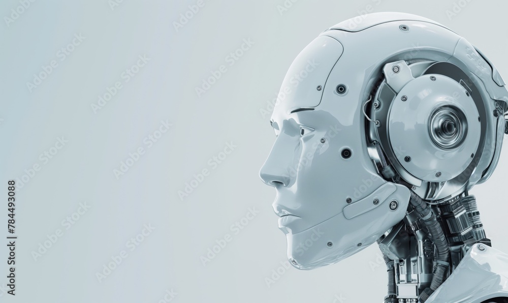 Poster white glossy android robot or cyborg head artificial intelligence with light white copyspace from ne