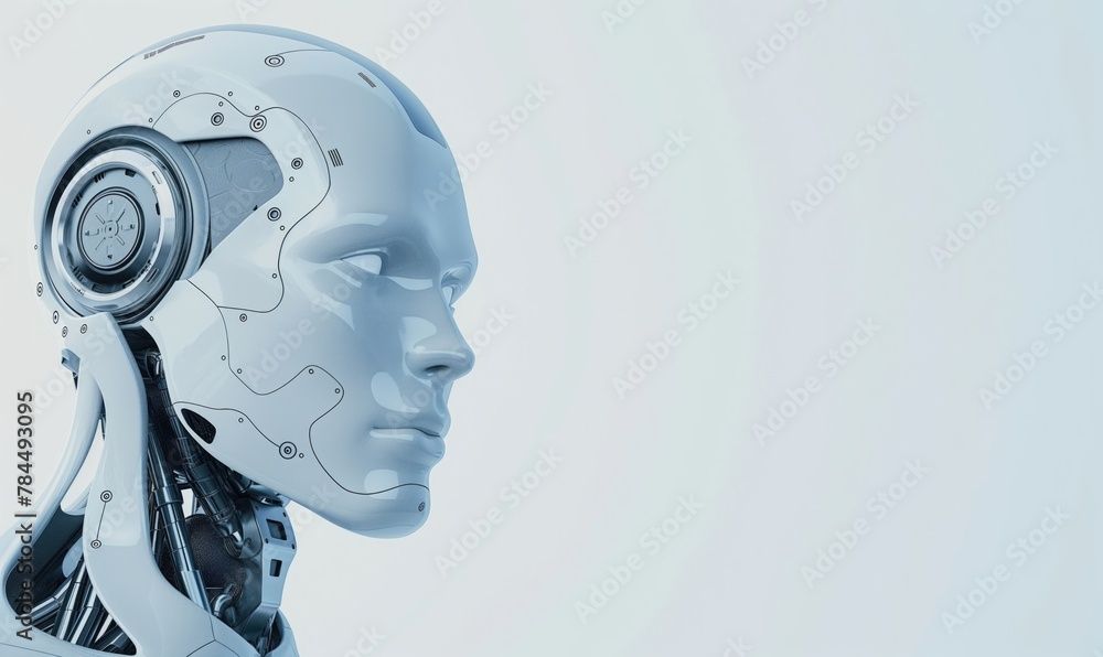 Poster white glossy android robot or cyborg head artificial intelligence with light white copyspace from ne