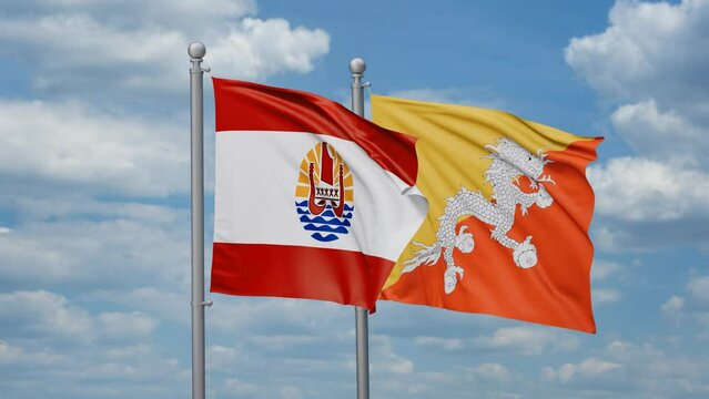 French Polynesia and Bhutan two flags waving together, looped video