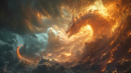 A panoramic view of a dragon spiraling upward through the clouds, its powerful form outlined by the...