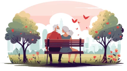 Poster Senior couple sitting on bench in park flat vector © Quintessa