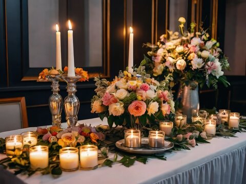  A rustic tabletop adorned with a flickering candle in a vintage holder, nestled among a variety of blooming flowers and lush greenery,