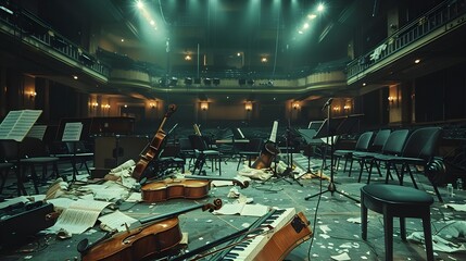 Solitary Stage:Abandoned Musical Instruments Adrift in an Empty Concert Hall's Moody Atmosphere