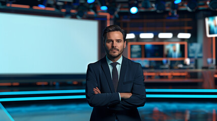 Professional male tv moderator stands in a modern television studio, ready to broadcast. The blank area used to visualize news can easily be replaced by your invidiual image or message