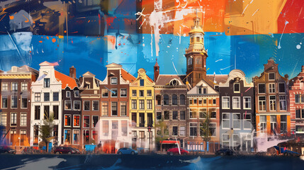 Vibrant artwork blending a classic view of amsterdam with abstract paint splashes - obrazy, fototapety, plakaty