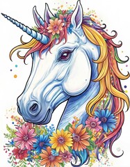 Obraz na płótnie Canvas Rainbow Reverie: Majestic Unicorn Adorned with Vibrant Flowers