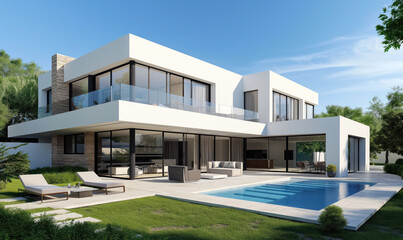 Fototapeta premium Spacious modern villa with swimming pool and lounge area. White two-story home with large windows and outdoor living space