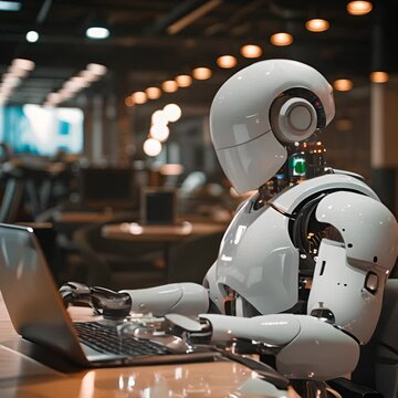A robot sits at a desk and works on a laptop.