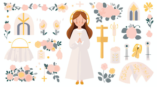 Set of design elements for First Communion for girl