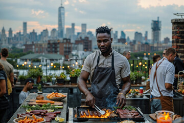 Man grilling on a rooftop with stunning city skyline views as guests socialize in the background