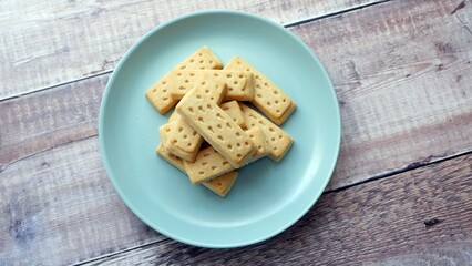 Traditional Scottish Shortbread Finger Biscuits Cookies on a Blue Plate